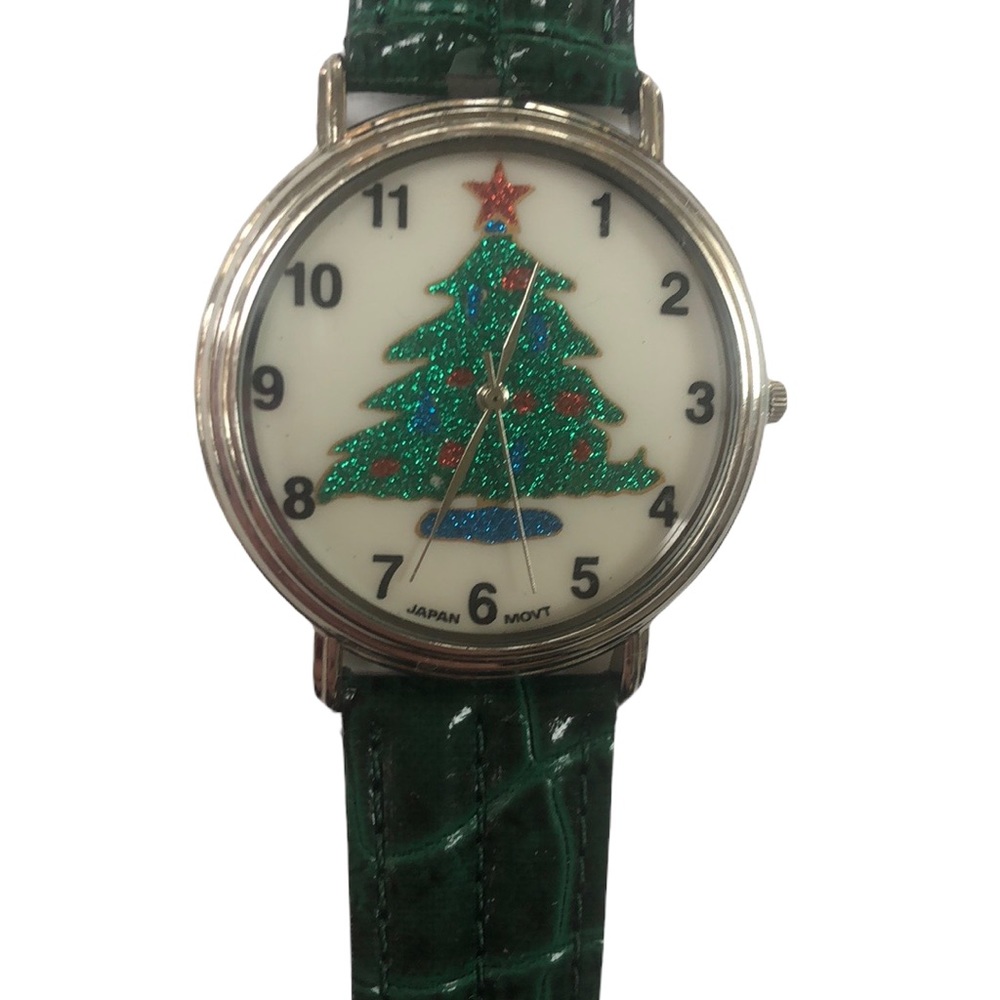 Vintage 1980’s Christmas Tree Watch‎ With Green Faux Croc Band